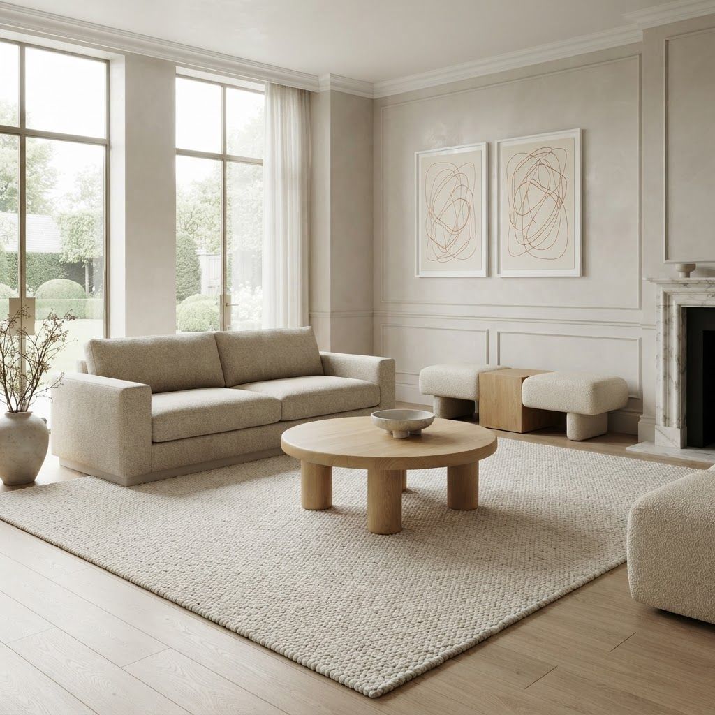 Shop the scene: Amara Coffee Table, Archer Sofa, Everyday Jute Rug, Noah with Table, Tourbillons-Virevolte Art