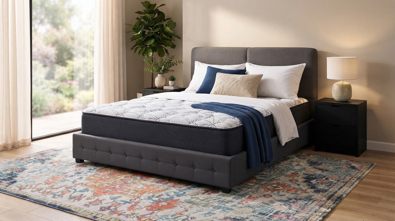 Shop the scene: Artiss Floor Rugs Carpet 160 X 230 Living Room Mat Rugs Bedroom Large Soft Area, Azure Table Lamp 51Cm, Artiss 2X Bedside Table 2 Drawers - Pepe Black, Sleepmaker Barossa Comfort Full Width Pocket 25cm Matress -  Medium, Milano Decor 