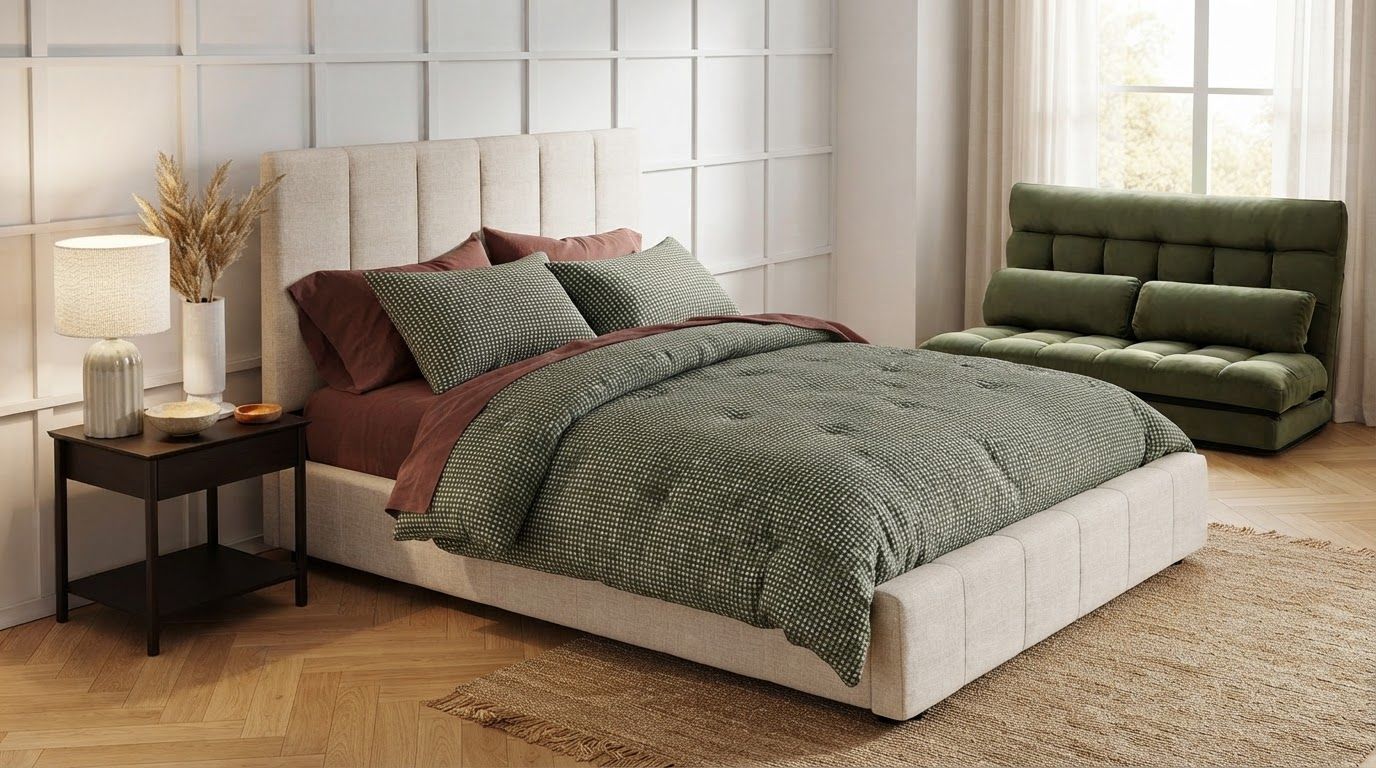 Shop the scene: Accessorize | Hokey Pokey Waffle Green Quilt Cover Set, Artiss Bed Frame Beige Tette, Artiss Sofa Bed 2 Seater Green Fabric, Elan Table Lamp Boucle Shade 37Cm