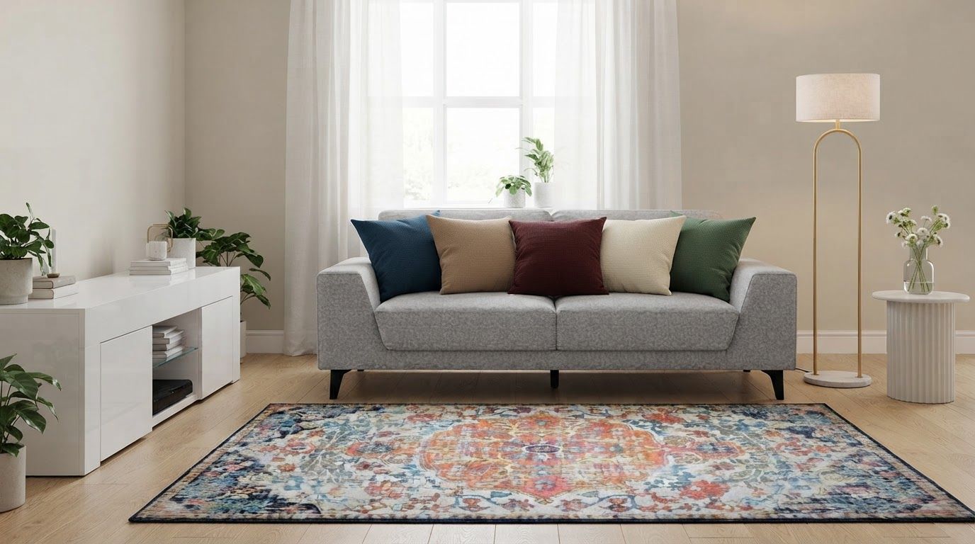 Shop the scene: Bambury Milo Waffle Square Cushion, Mayfield Lighting Banks Floor Lamp, Artiss 130Cm High Gloss Tv Stand Entertainment Unit Storage Cabinet Tempered Glass Shelf White, Artiss Floor Rugs Carpet 160 X 230 Living Room Mat Rugs Bedroom La