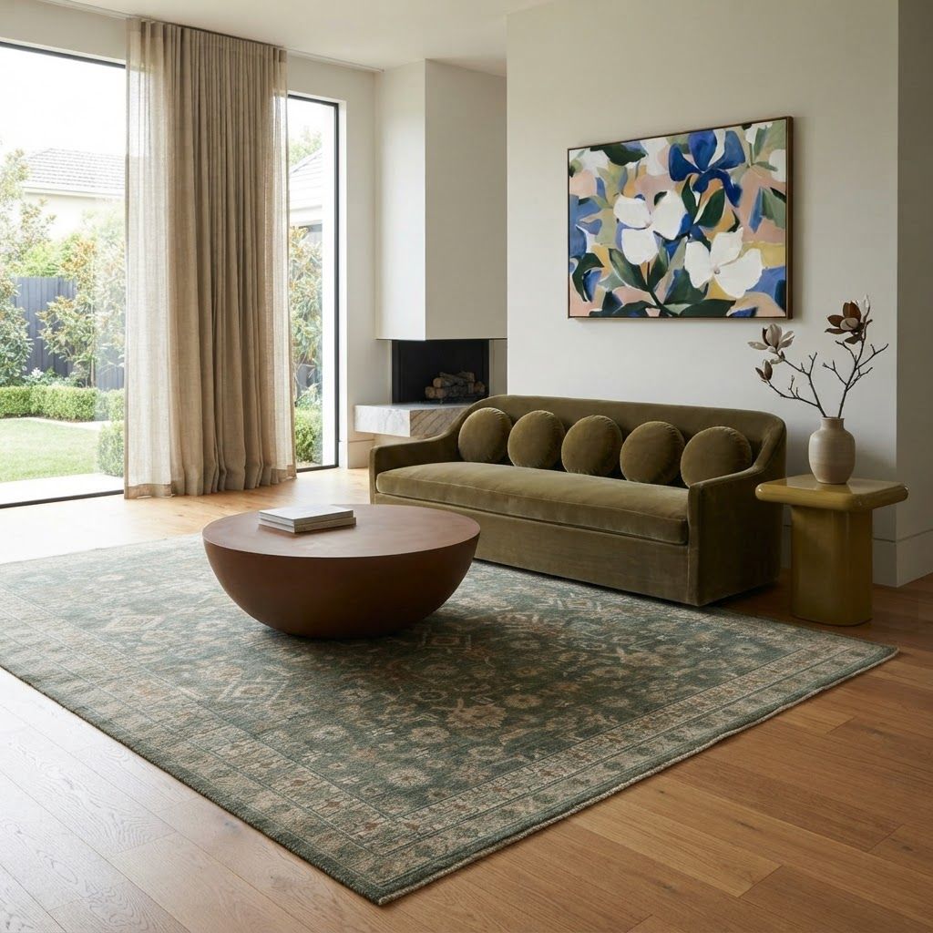 Shop the scene: Daisy Side Table Green, Essence Framed Painting, Insitu Coffee Table Terracotta, Kenli Hand-Knotted Rug, Rialto Sofa Dark Green Faux Mohair