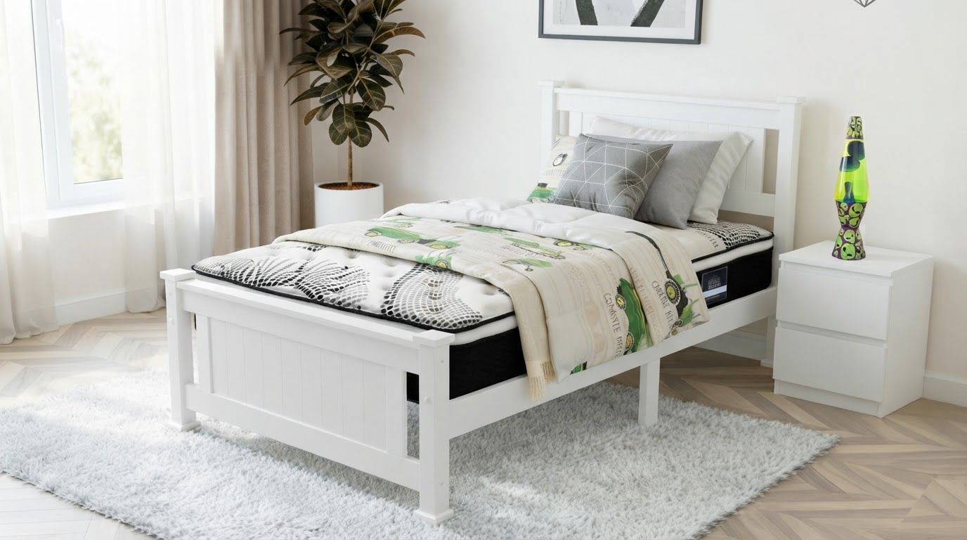Shop the scene: Giselle Bedding Euro Extreme Premier Medium Mattress, Artiss King Single Bed Frame And Bedside Table, Alien Diamond Motion Lamp, Happy Kids Country Harvest Washed Cotton Quilt Cover Set